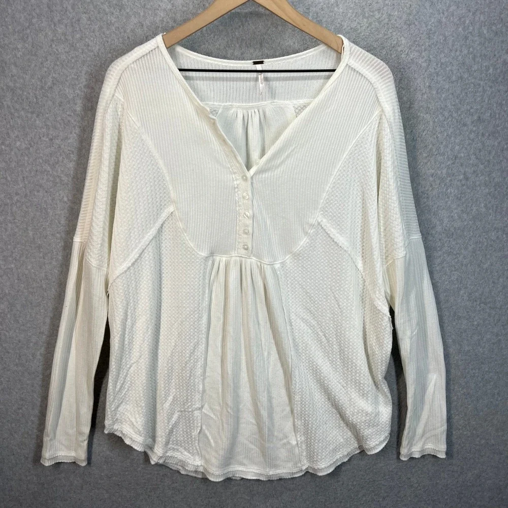 Free People White Mixed Knit Henley Thermal Long‎ Sleeve Top OB828271 Size M